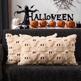 Halloween Pillow Covers 12x20 inch Set of 2 Beige Ghost Throw Pillow Cases Soft Plush Faux Fur Wool Couch Cushion Case for Chair Sofa Bedroom Living R (Color: Beige  20" x 12" (Pack of 2))