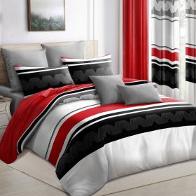 9-Piece Red & Geometric Zigzag Bedding & Curtain Set (Queen/King/Cal King) - Quilted Microfiber Bedspread + Sheer Curtains (Color: Red/Black Stripes, size: Queen)
