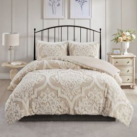 3 Piece Tufted Cotton Chenille Damask Duvet Cover Set (Color: as Pic)
