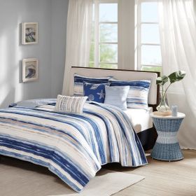 6 Piece Printed Quilt Set with Throw Pillows Blue King/Cal King (Color: as Pic)